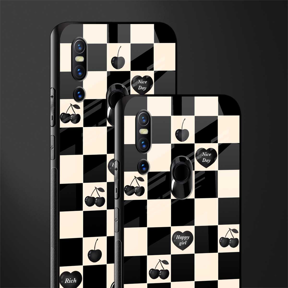 black cherries check pattern glass case for vivo v15 image-2
