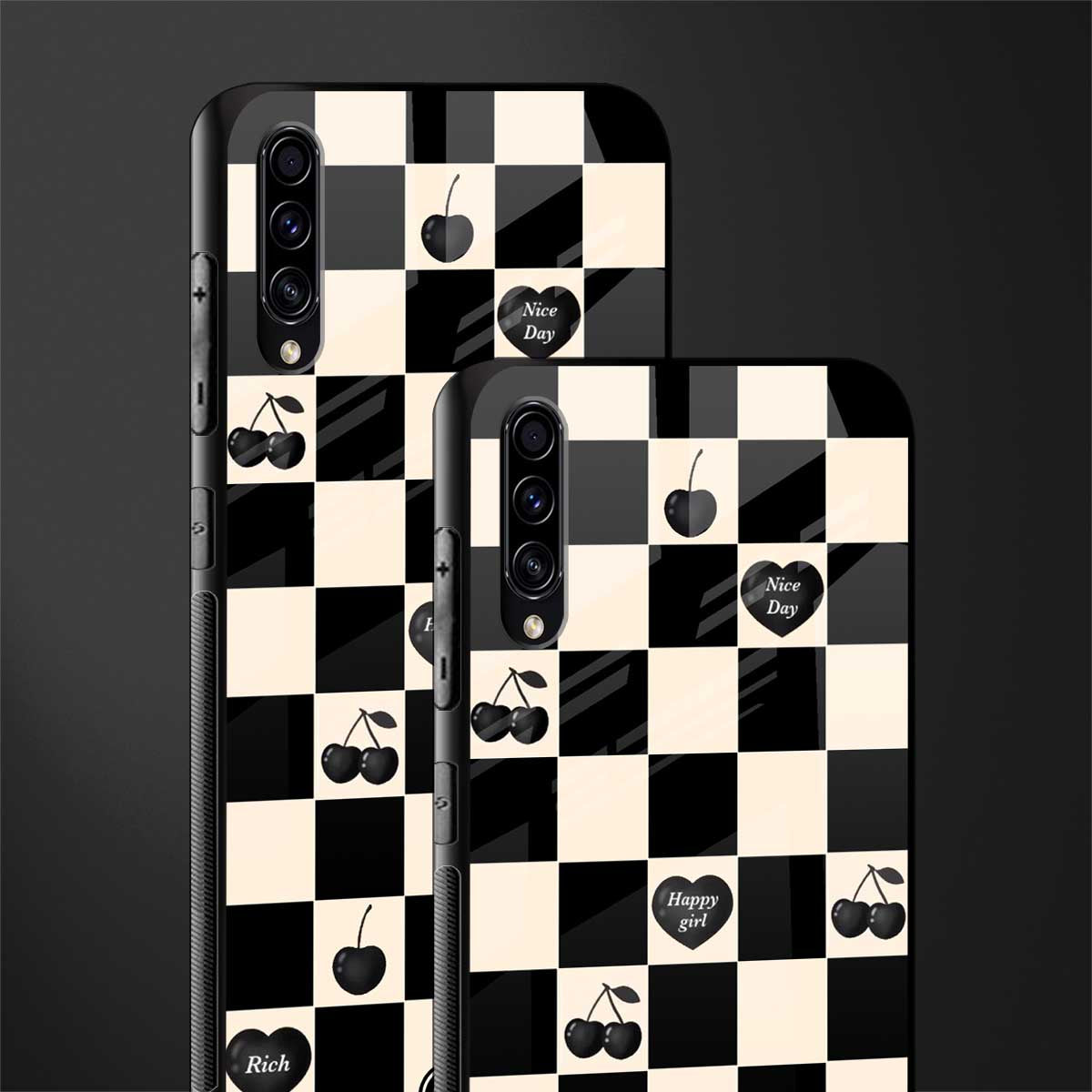 black cherries check pattern glass case for samsung galaxy a70 image-2