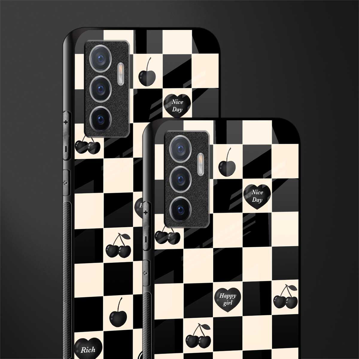 black cherries check pattern glass case for vivo v23e image-2