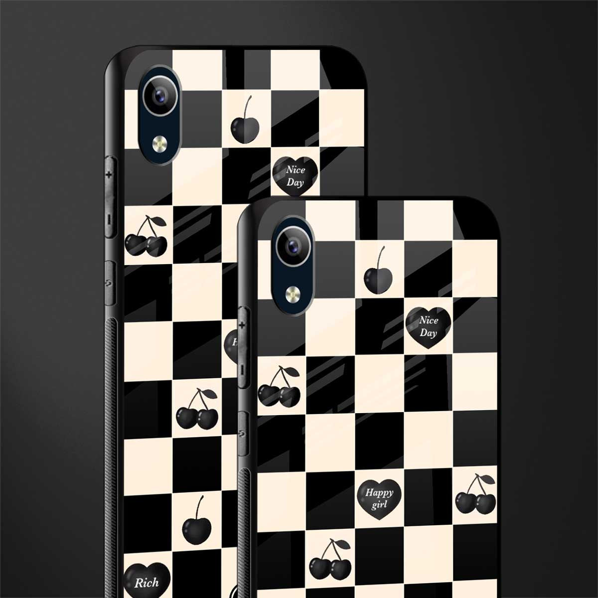 black cherries check pattern glass case for vivo y1s without fingerprint image-2