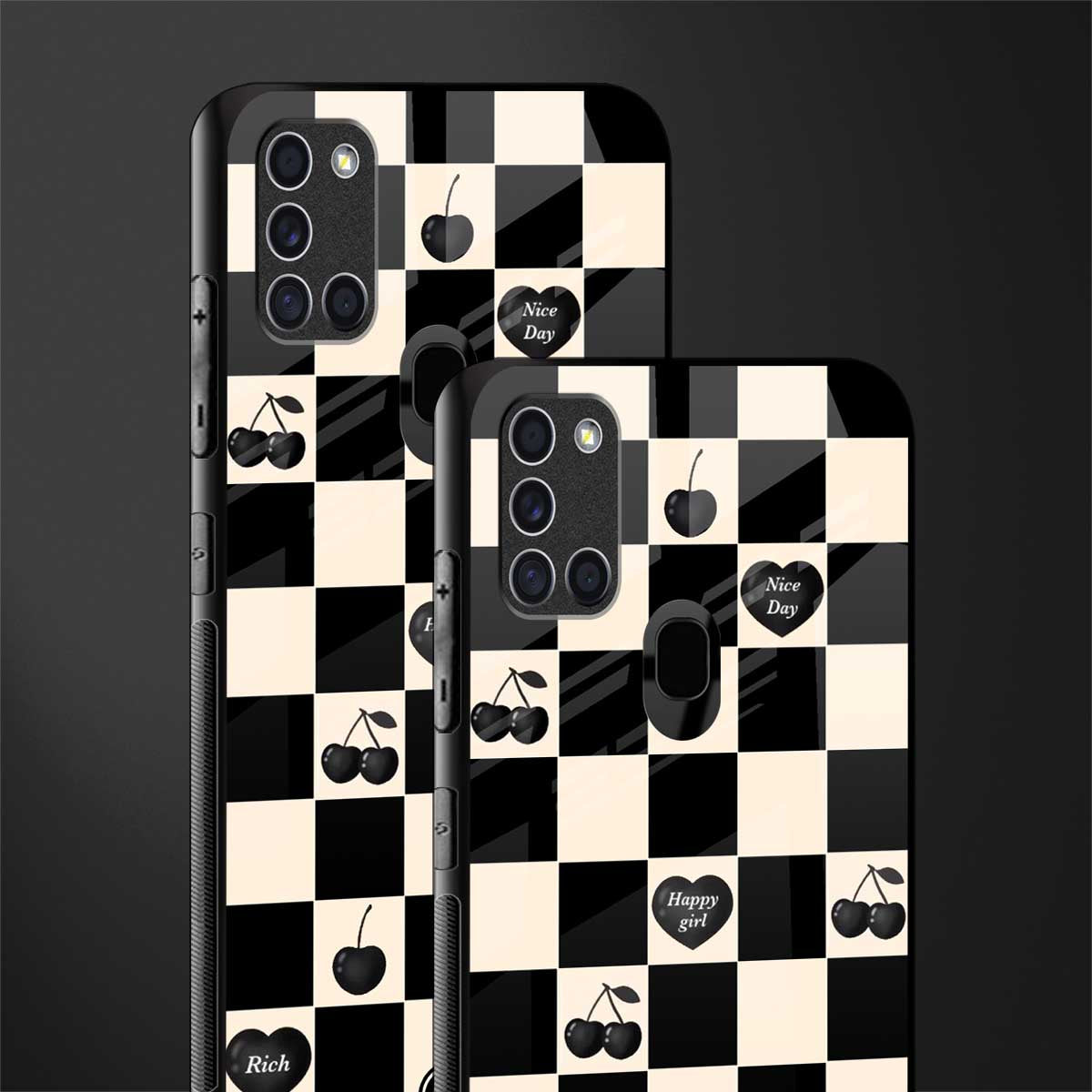black cherries check pattern glass case for samsung galaxy a21s image-2