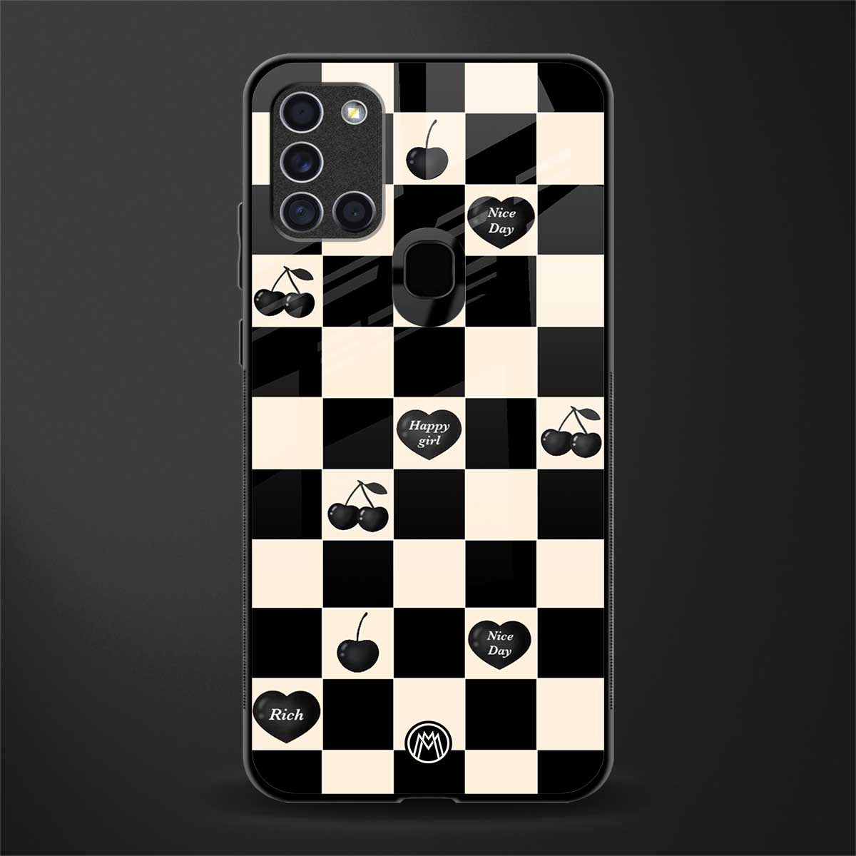 black cherries check pattern glass case for samsung galaxy a21s image