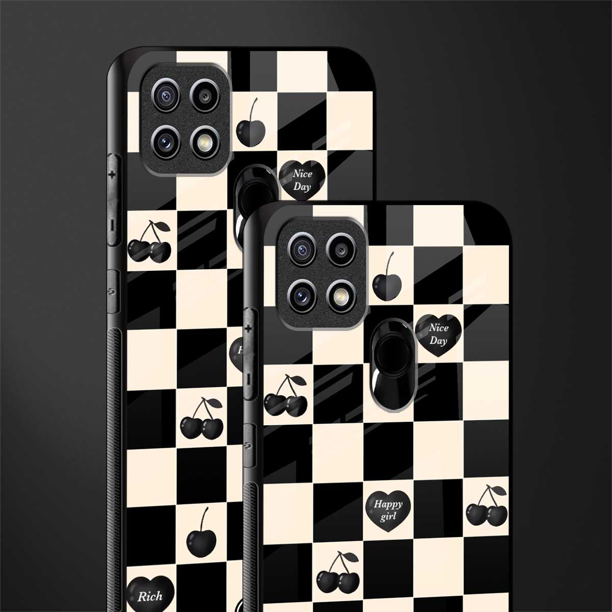 black cherries check pattern glass case for oppo a15s image-2