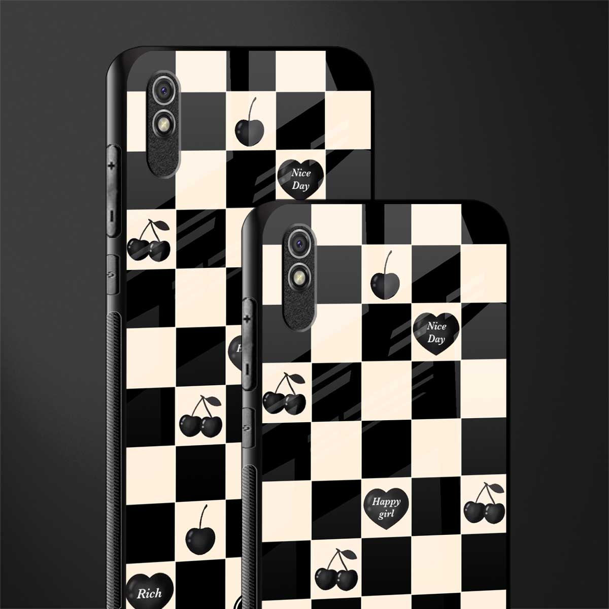 black cherries check pattern glass case for redmi 9a image-2