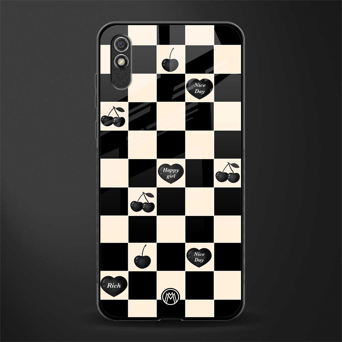 black cherries check pattern glass case for redmi 9i image