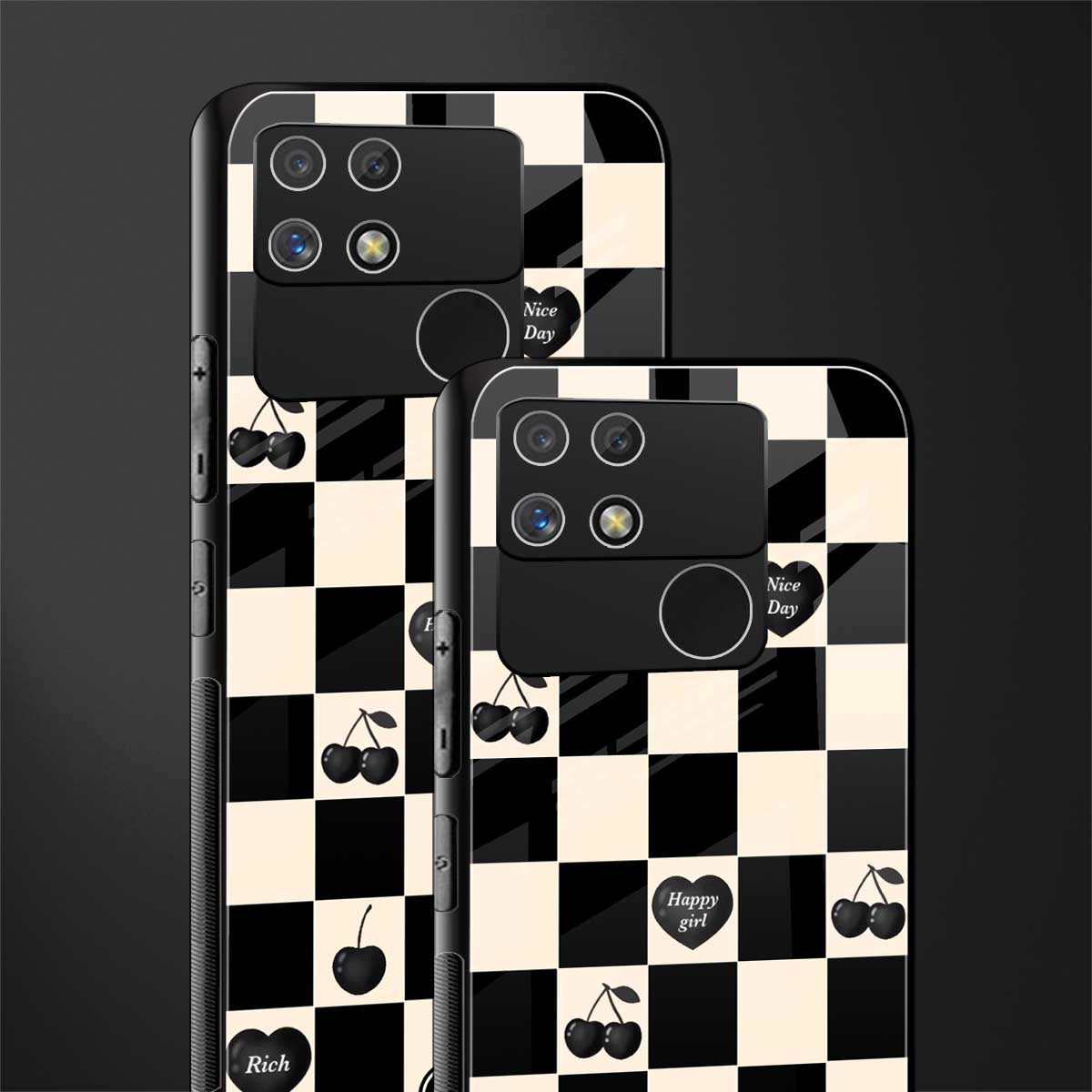black cherries check pattern back phone cover | glass case for realme narzo 50a
