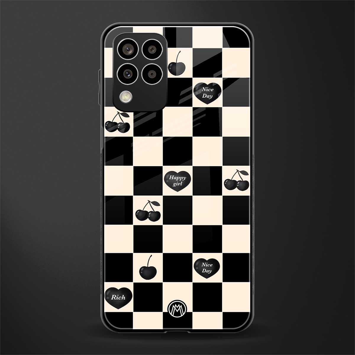 black cherries check pattern back phone cover | glass case for samsung galaxy m33 5g