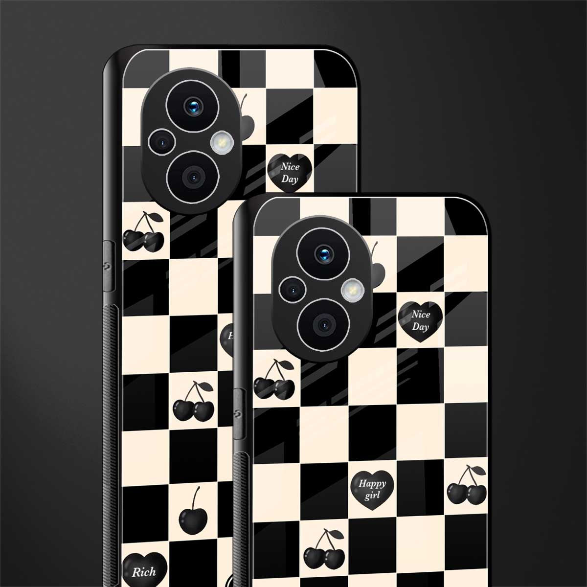 black cherries check pattern back phone cover | glass case for oppo f21 pro 5g