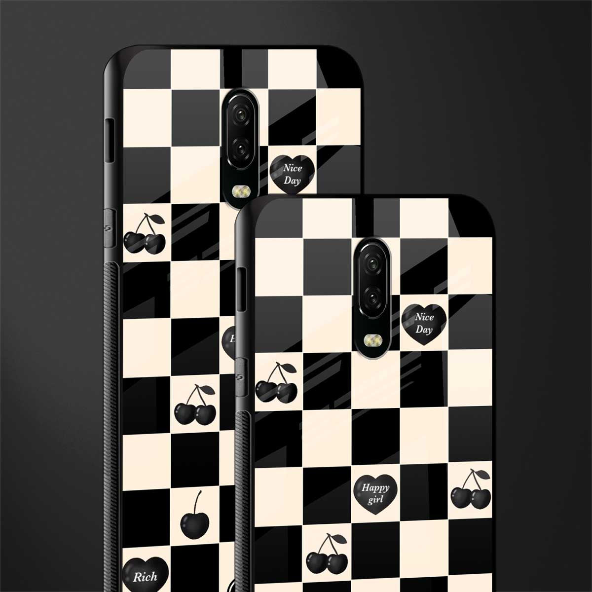 black cherries check pattern glass case for oneplus 6t image-2