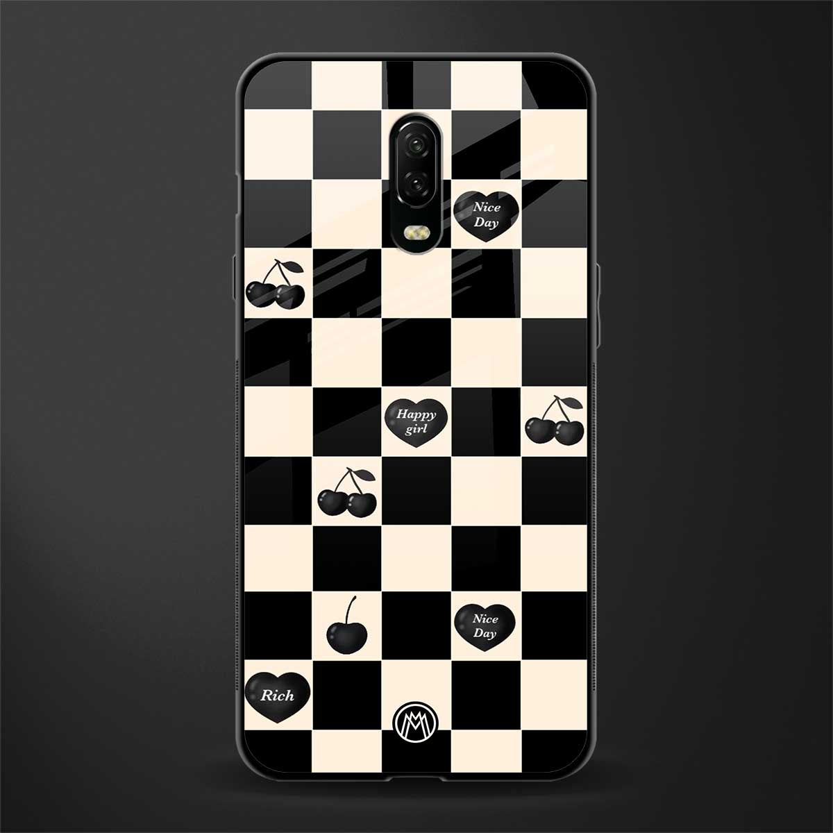 black cherries check pattern glass case for oneplus 6t image