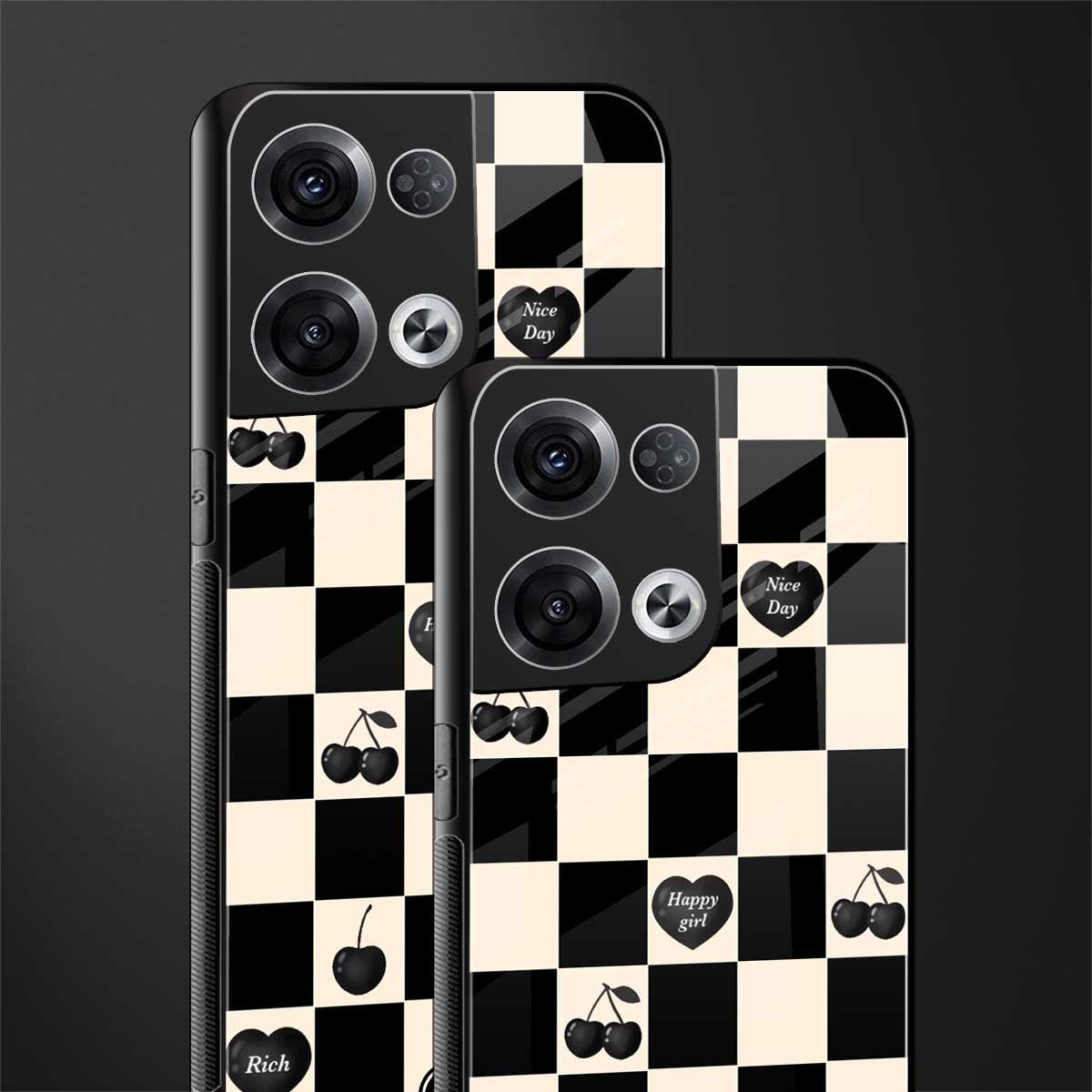 black cherries check pattern back phone cover | glass case for oppo reno 8