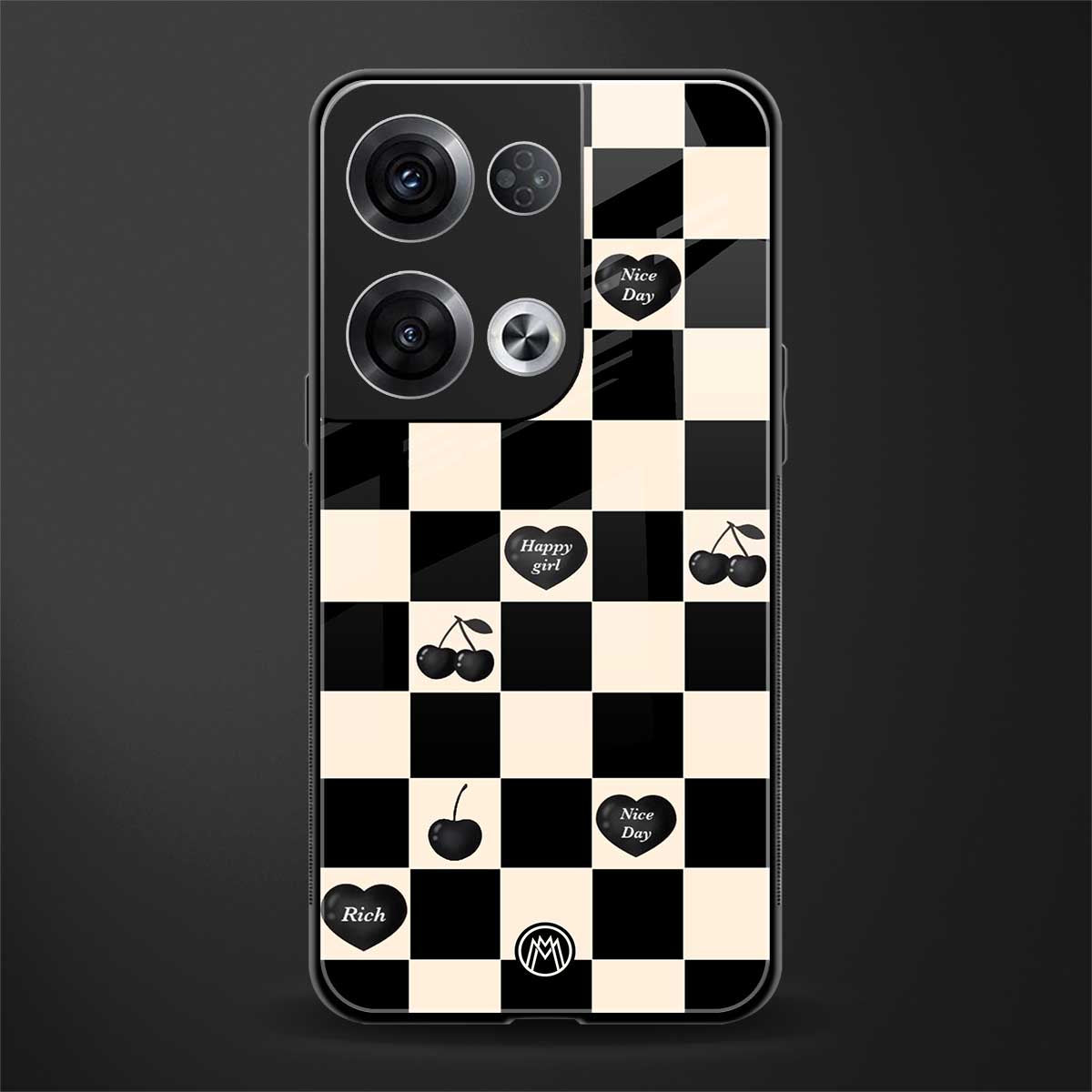 black cherries check pattern back phone cover | glass case for oppo reno 8