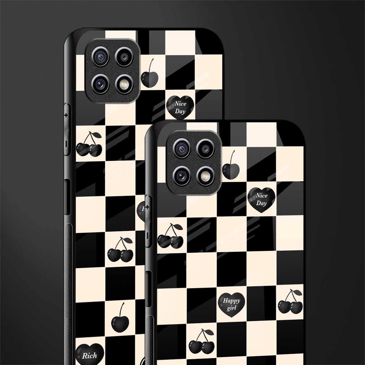 black cherries check pattern back phone cover | glass case for samsung galaxy f42