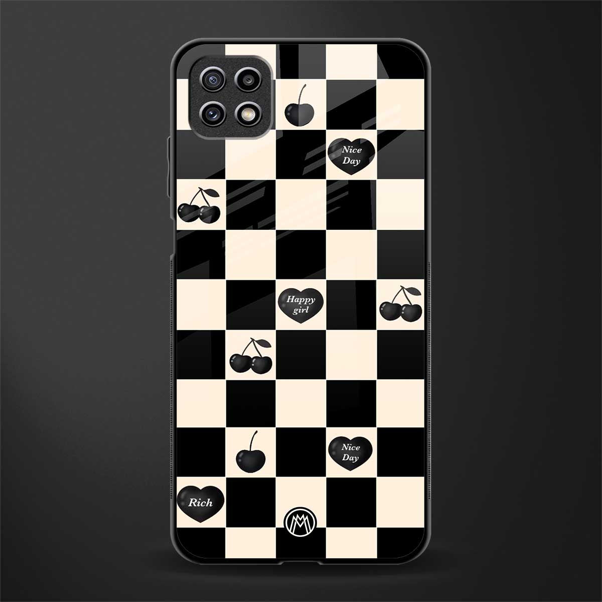 black cherries check pattern back phone cover | glass case for samsung galaxy f42