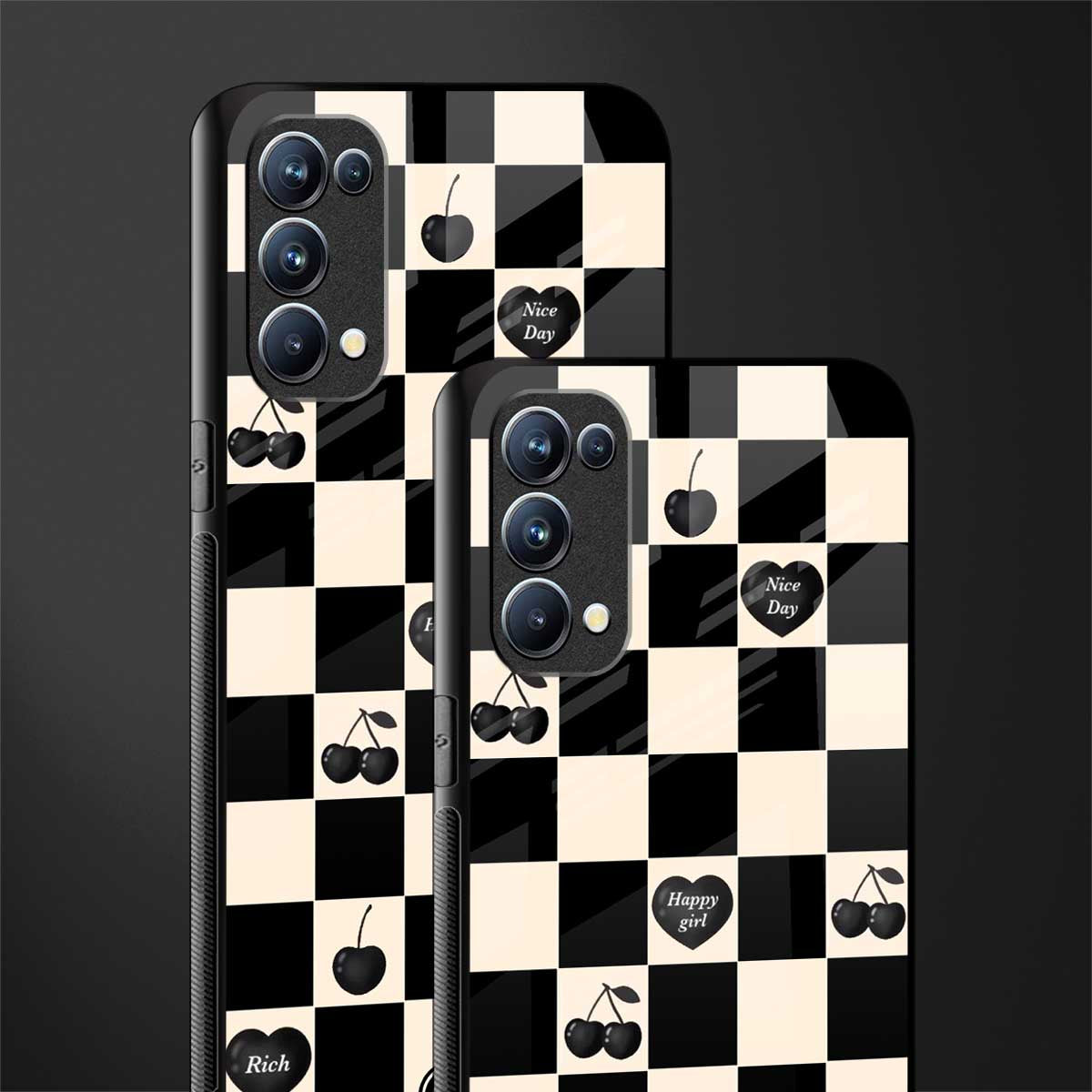 black cherries check pattern back phone cover | glass case for oppo reno 5