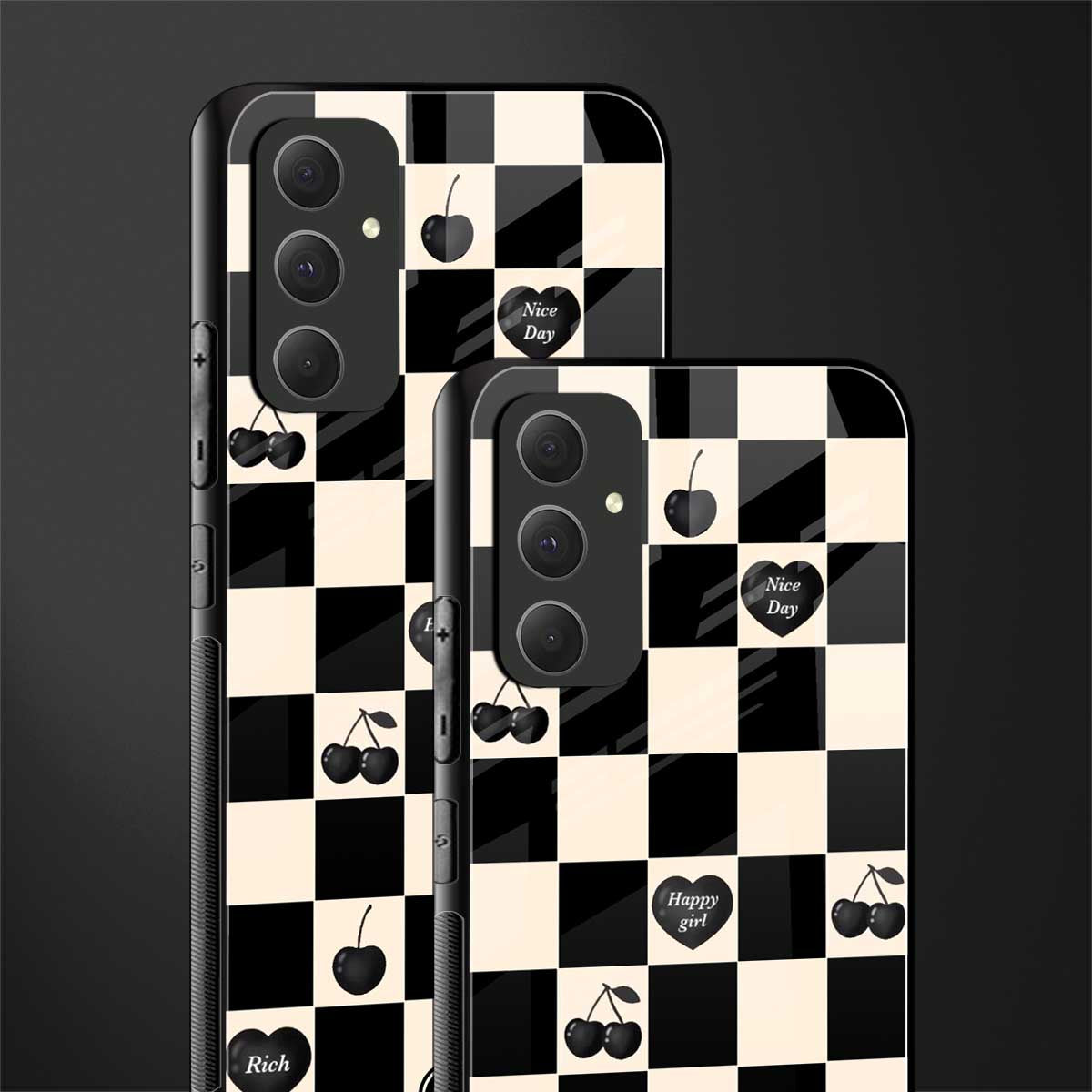 black cherries check pattern back phone cover | glass case for samsung galaxy a54 5g
