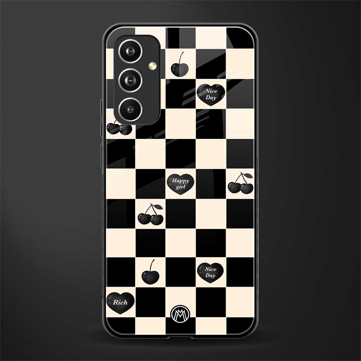 black cherries check pattern back phone cover | glass case for samsung galaxy a54 5g