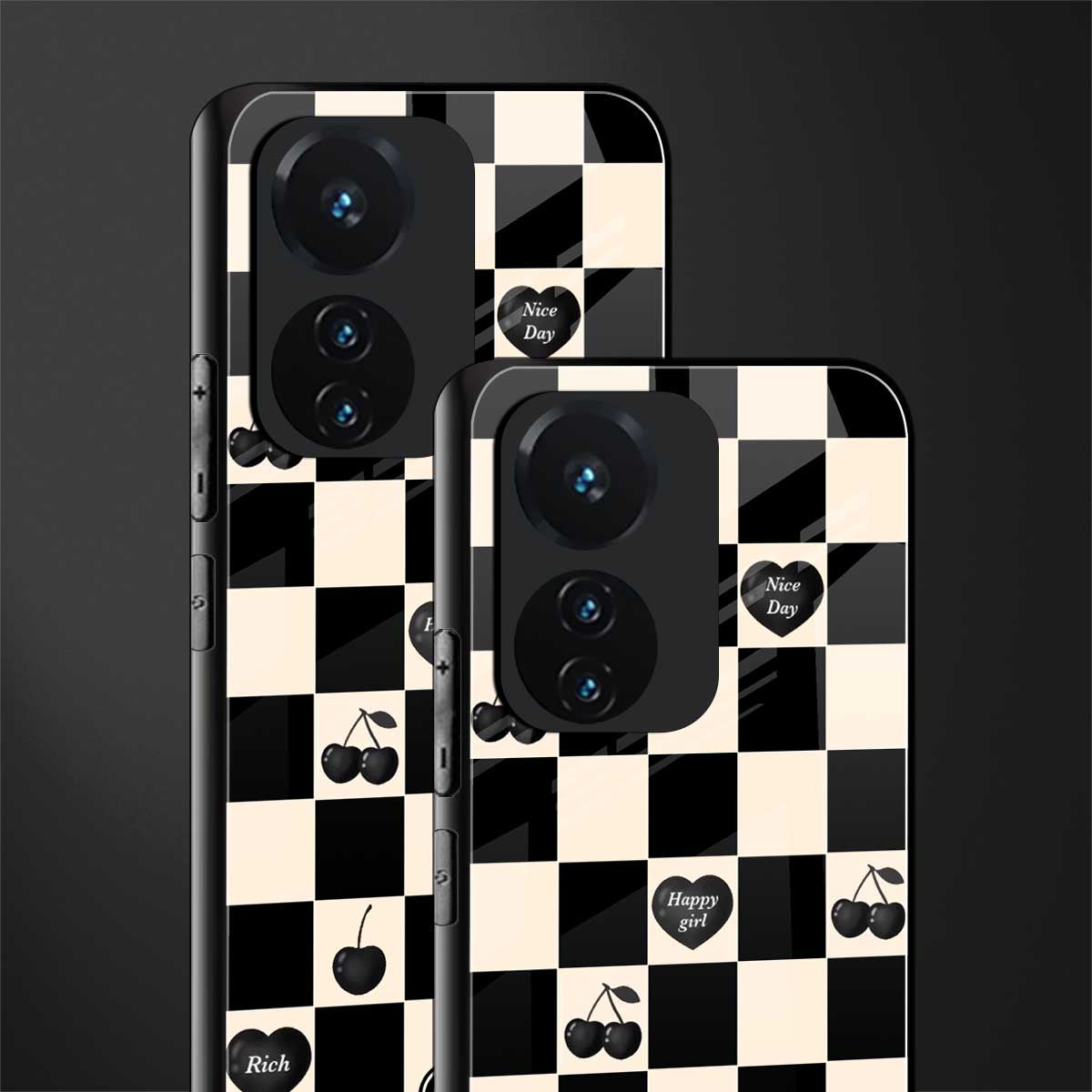 black cherries check pattern back phone cover | glass case for vivo t1 44w 4g