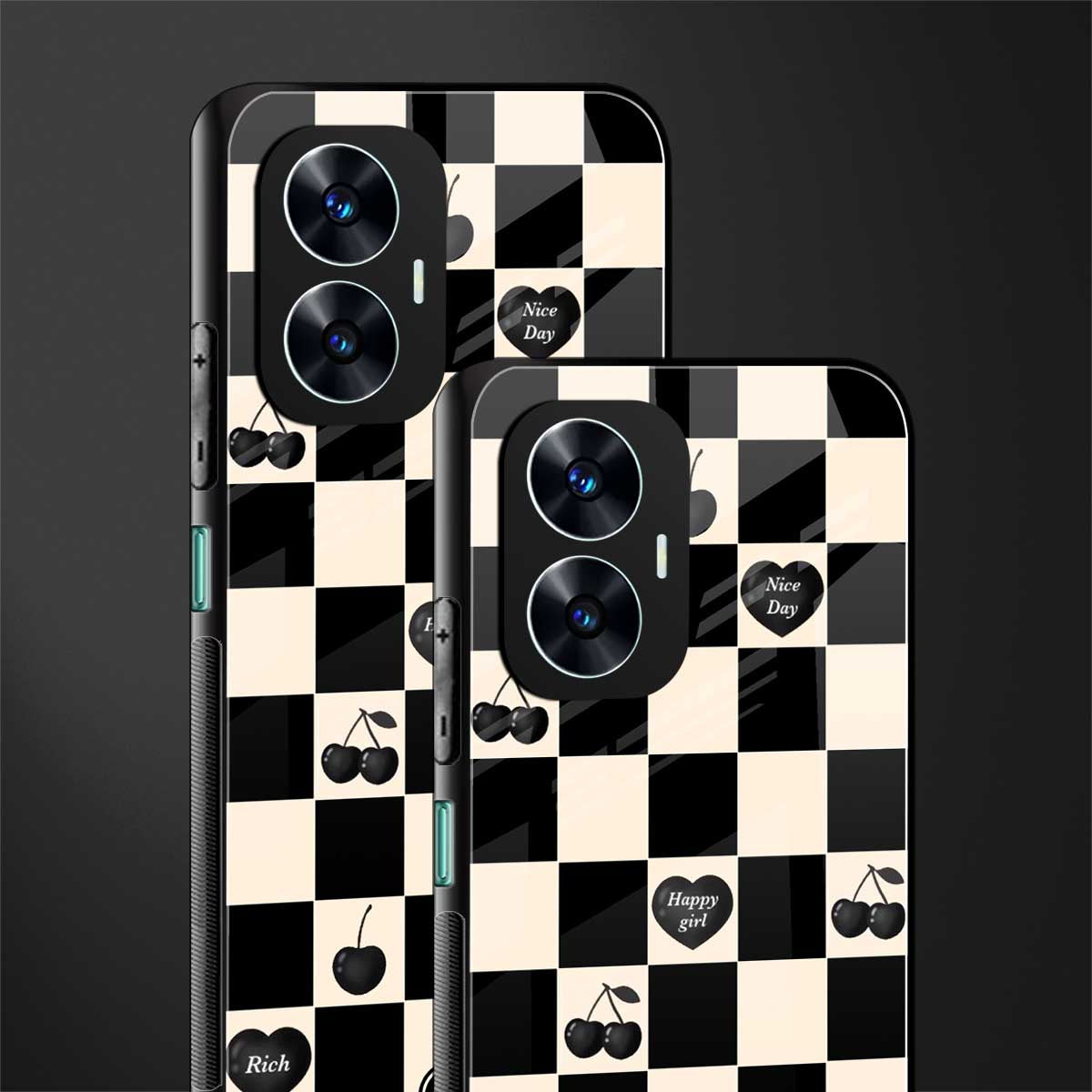 black cherries check pattern back phone cover | glass case for realme c55