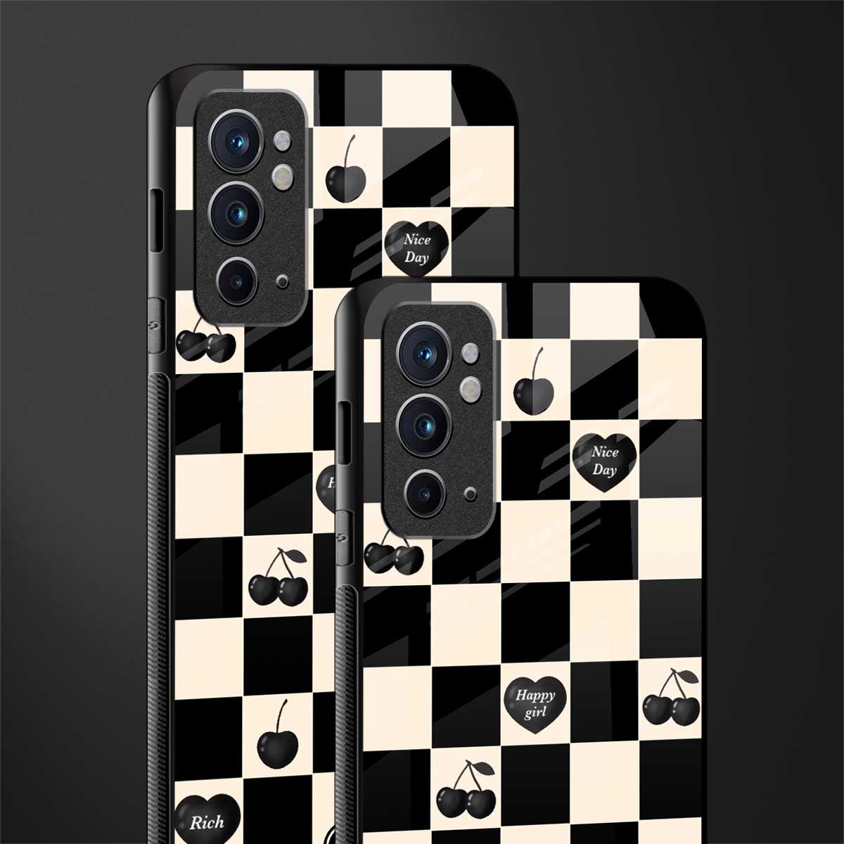 black cherries check pattern glass case for oneplus 9rt image-2