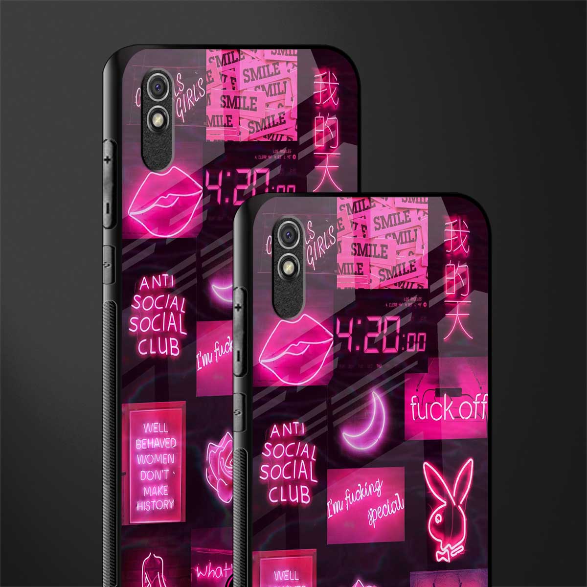 black pink aesthetic collage glass case for redmi 9a image-2