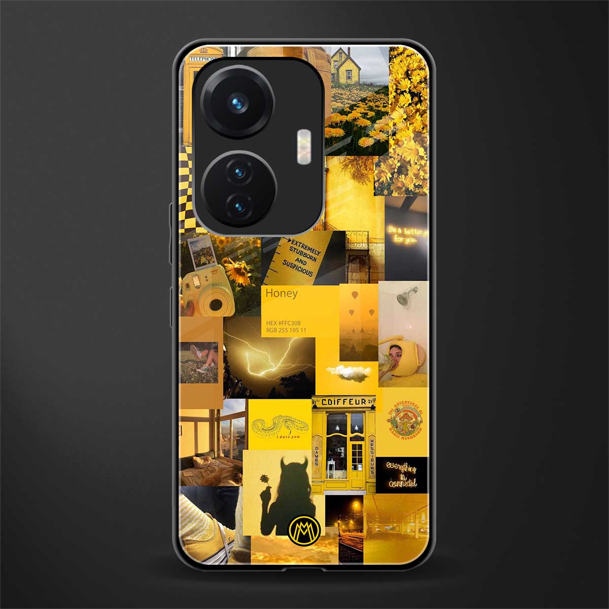 black yellow aesthetic collage back phone cover | glass case for vivo t1 44w 4g