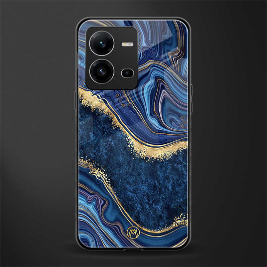 blue gold liquid marble back phone cover | glass case for vivo v25-5g