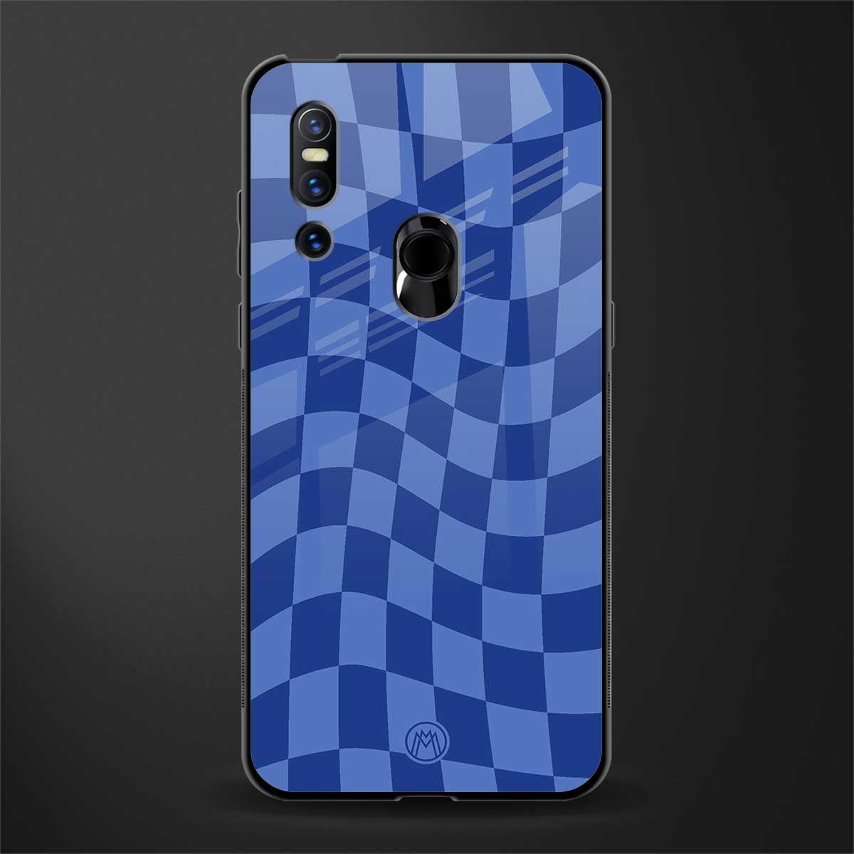 blue trippy check pattern glass case for vivo v15 image