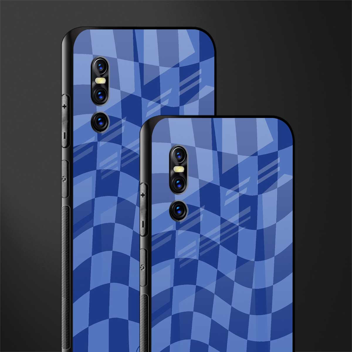 blue trippy check pattern glass case for vivo v15 pro image-2