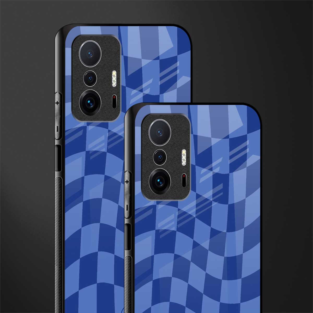 blue trippy check pattern glass case for mi 11t pro 5g image-2