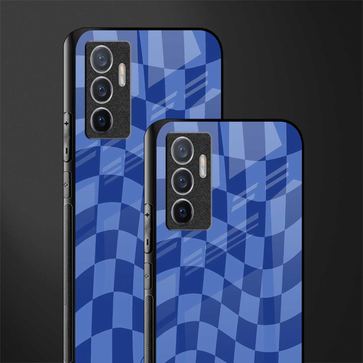 blue trippy check pattern glass case for vivo v23e image-2