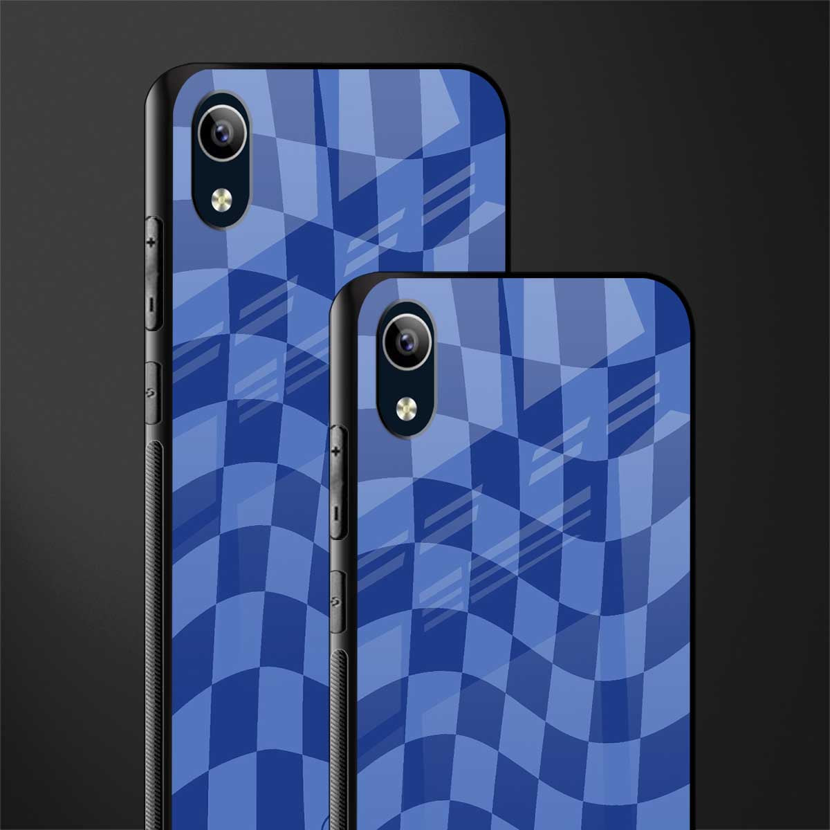 blue trippy check pattern glass case for vivo y1s without fingerprint image-2