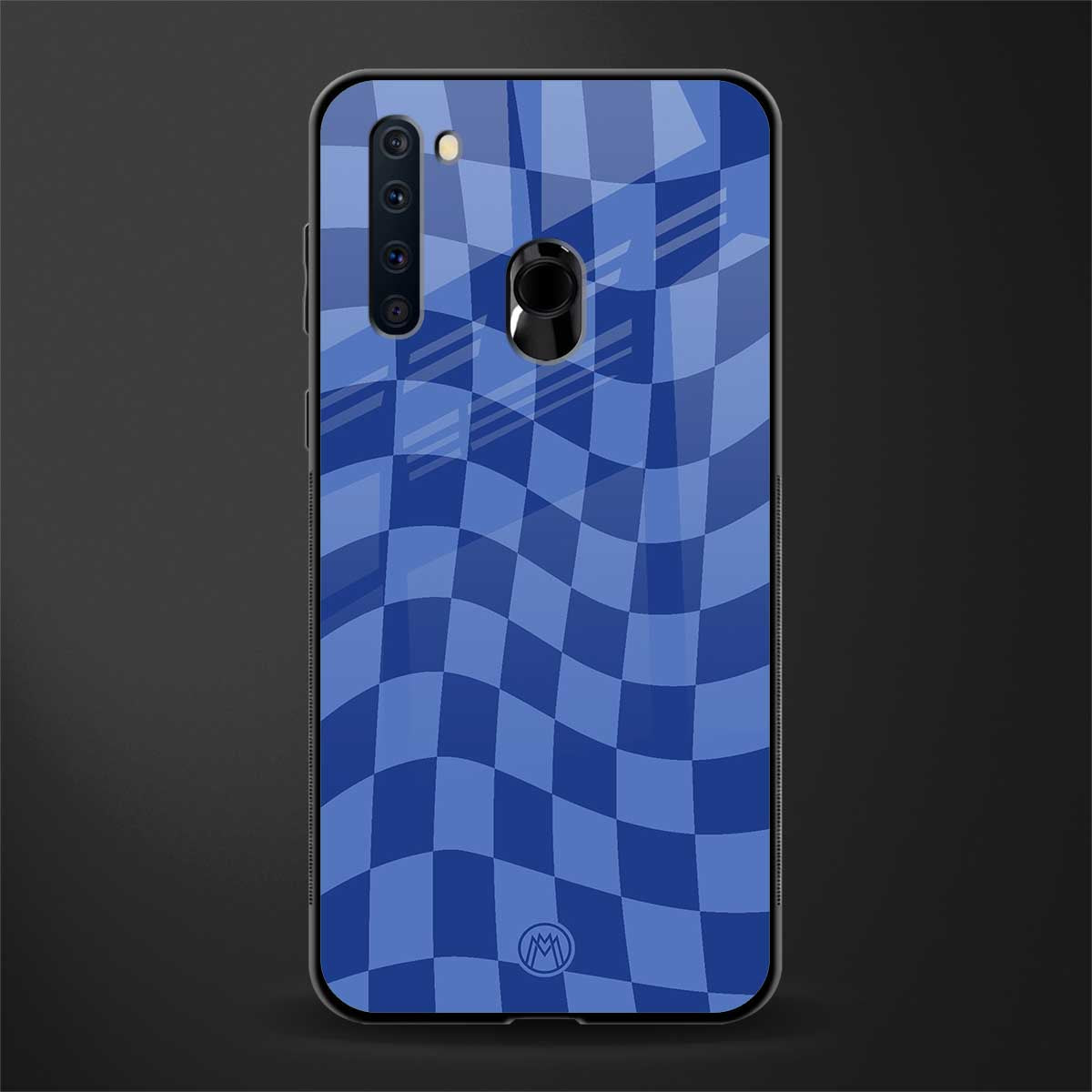 blue trippy check pattern glass case for samsung a21 image