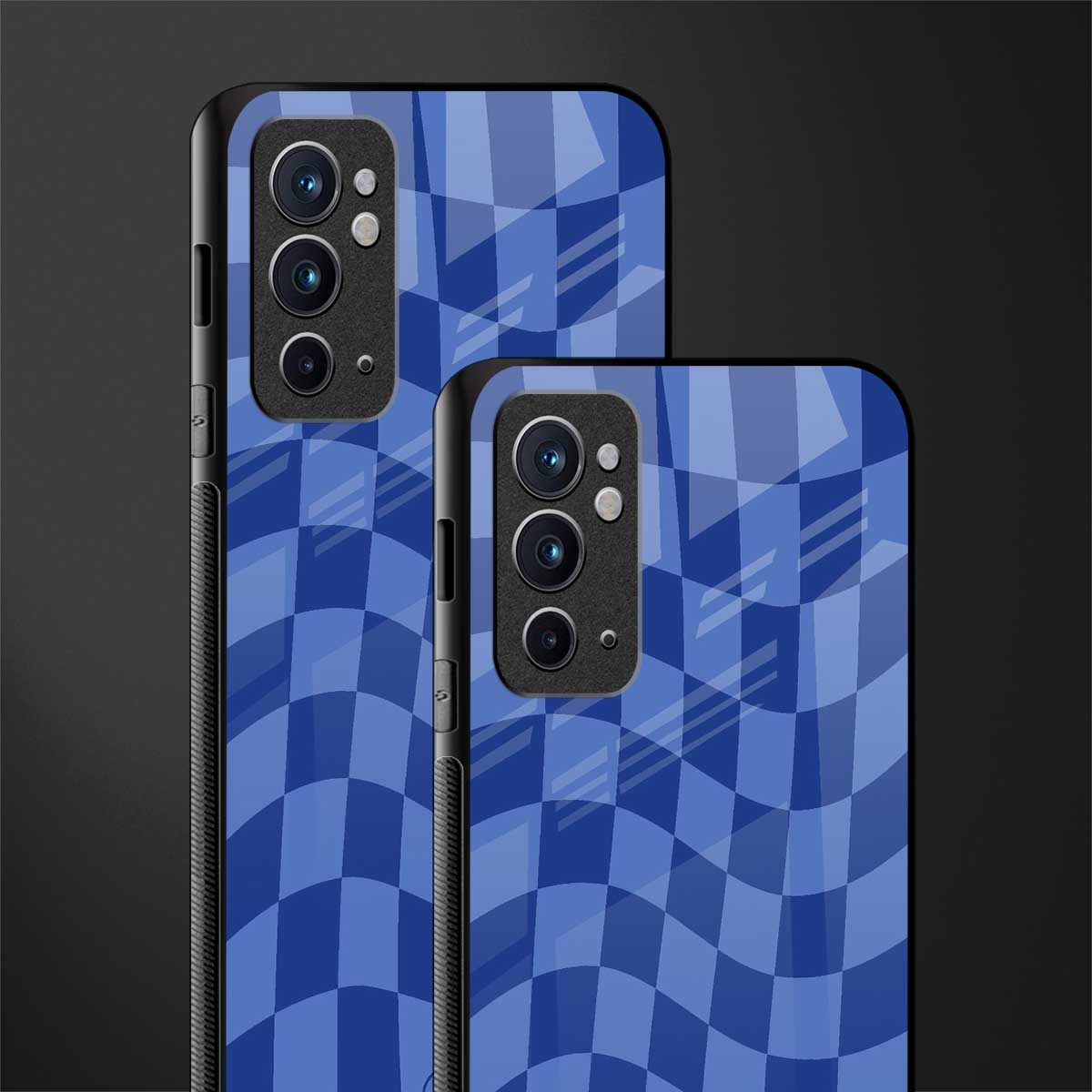blue trippy check pattern glass case for oneplus 9rt image-2