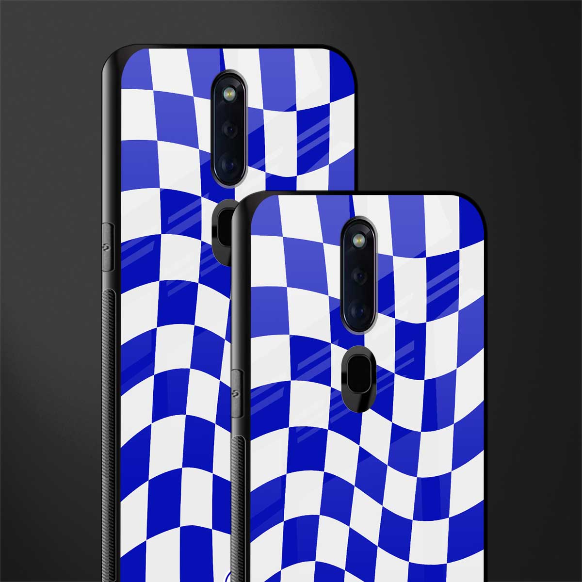 blue white trippy check pattern glass case for oppo f11 pro image-2
