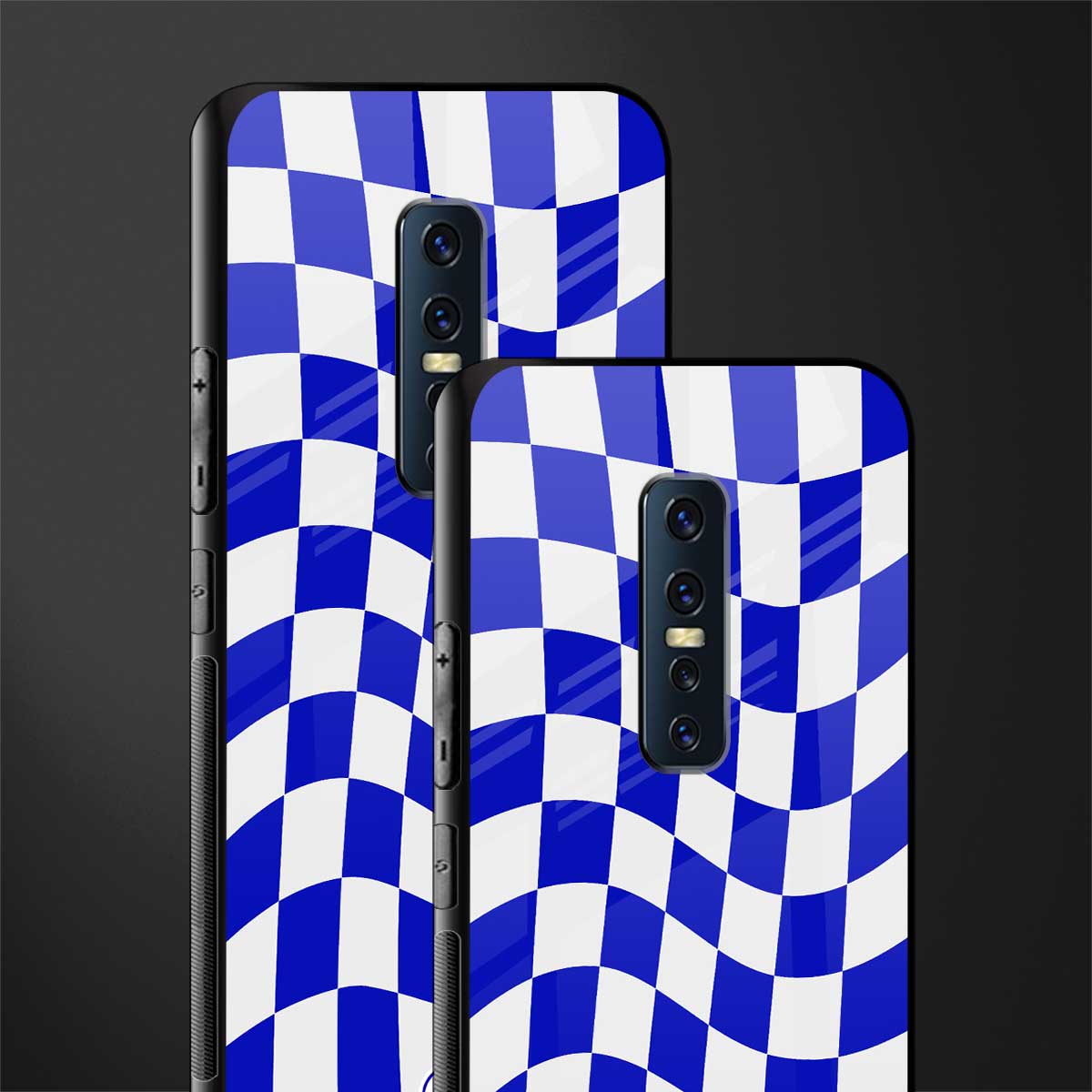 blue white trippy check pattern glass case for vivo v17 pro image-2