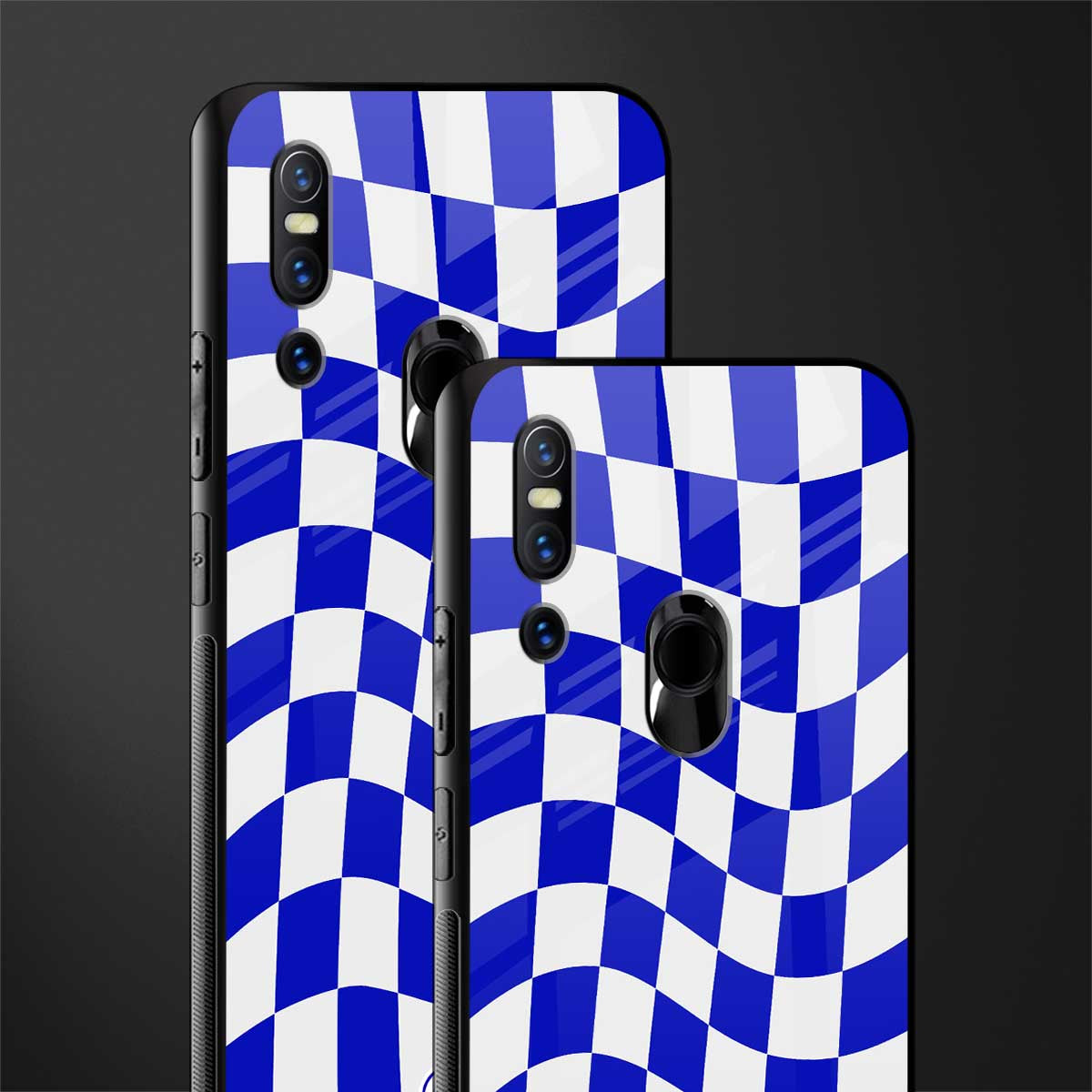 blue white trippy check pattern glass case for vivo v15 image-2