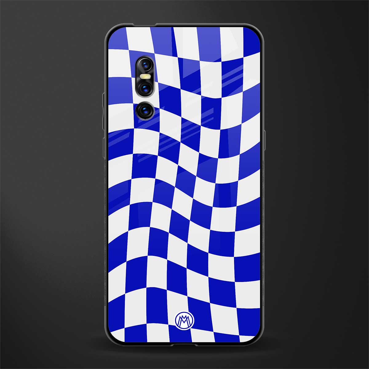 blue white trippy check pattern glass case for vivo v15 pro image