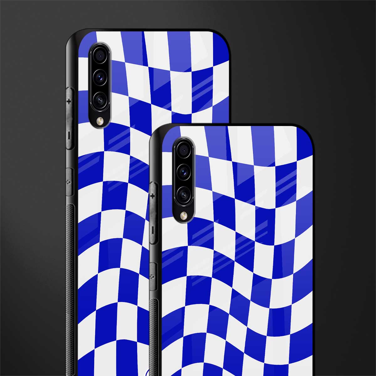 blue white trippy check pattern glass case for samsung galaxy a70 image-2