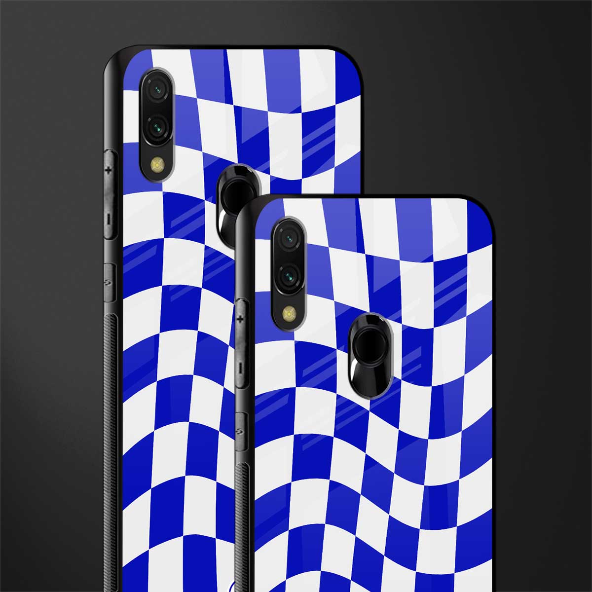 blue white trippy check pattern glass case for redmi y3 image-2