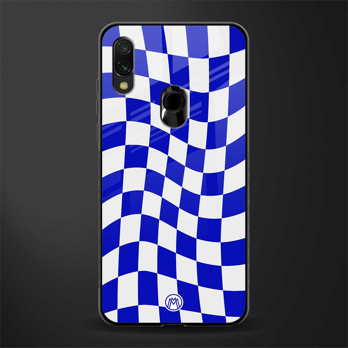 blue white trippy check pattern glass case for redmi y3 image