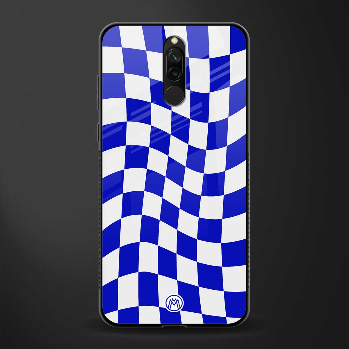blue white trippy check pattern glass case for redmi 8 image