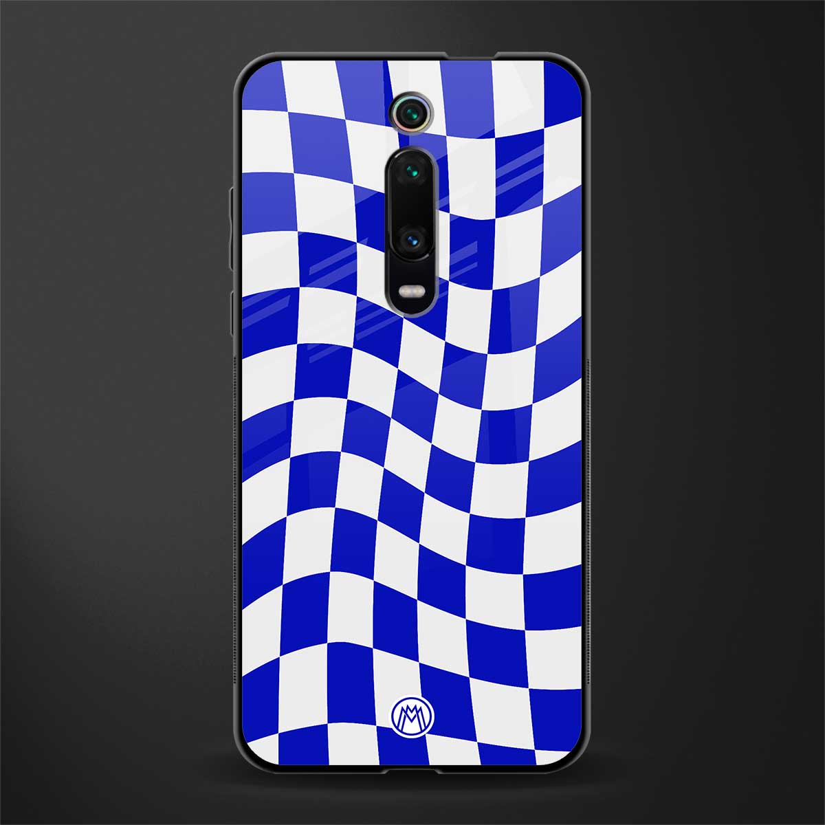 blue white trippy check pattern glass case for redmi k20 image