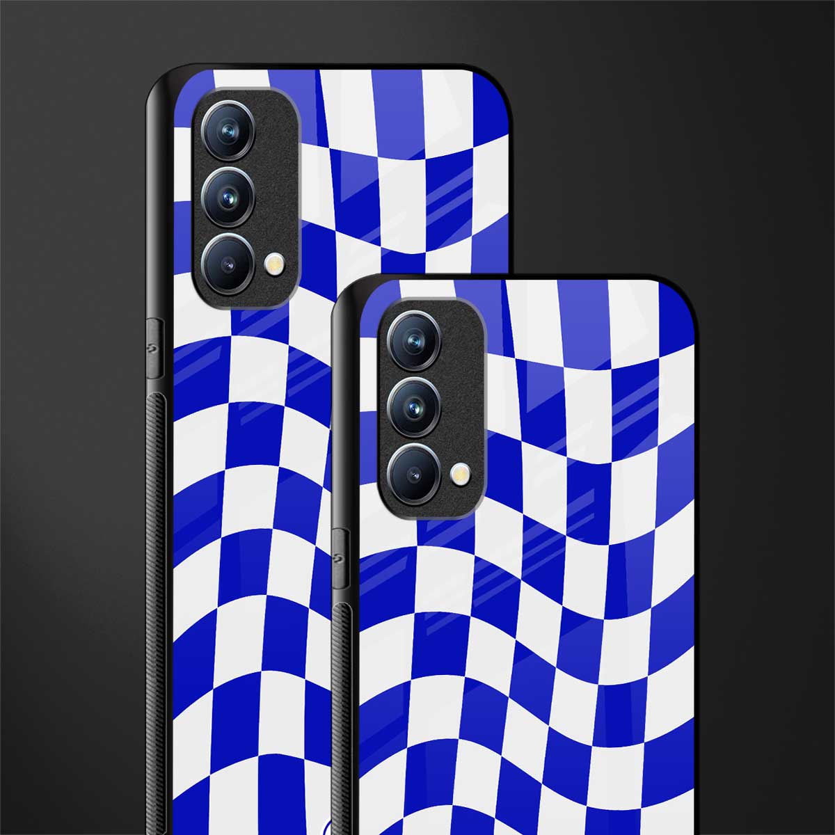 blue white trippy check pattern glass case for oppo f19 image-2