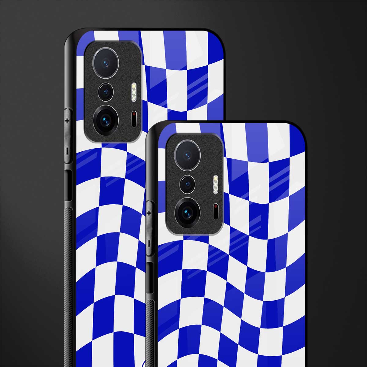 blue white trippy check pattern glass case for mi 11t pro 5g image-2