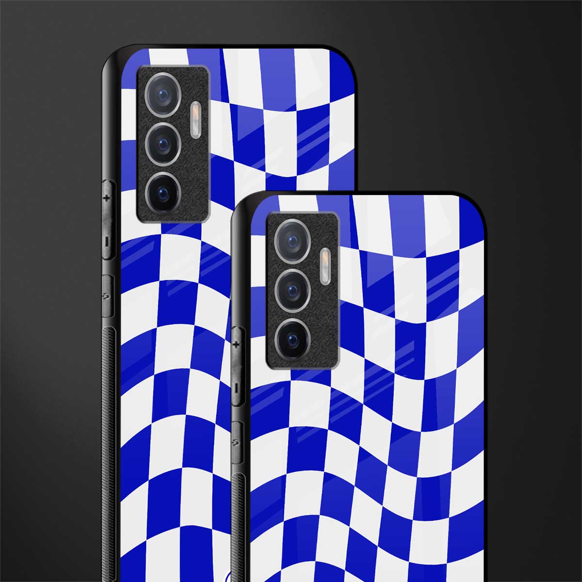 blue white trippy check pattern glass case for vivo v23e image-2