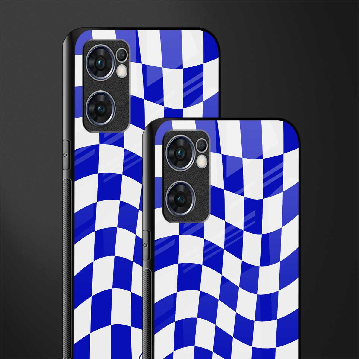 blue white trippy check pattern glass case for oppo reno7 5g image-2