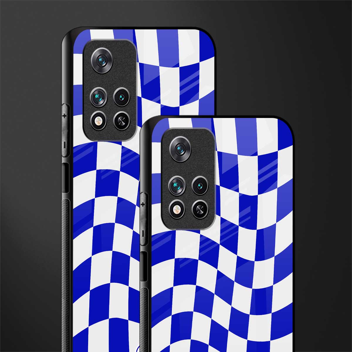 blue white trippy check pattern glass case for poco m4 pro 5g image-2