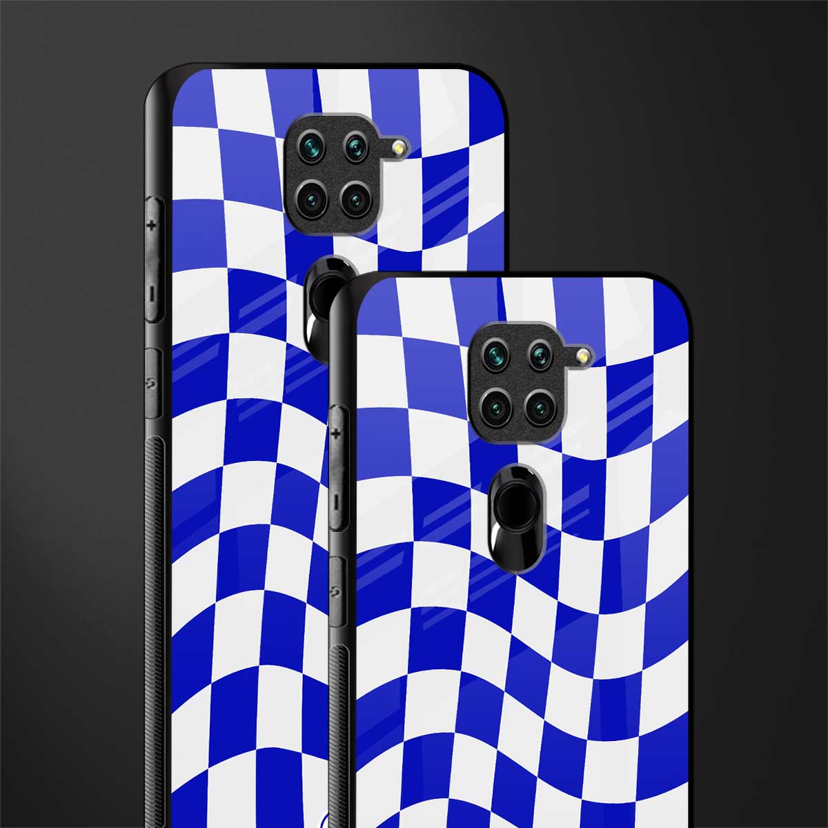 blue white trippy check pattern glass case for redmi note 9 image-2