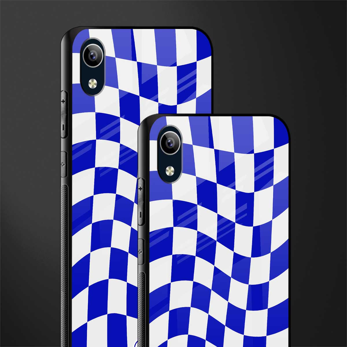 blue white trippy check pattern glass case for vivo y1s without fingerprint image-2